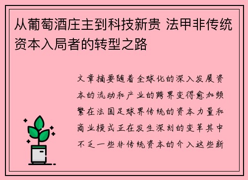 从葡萄酒庄主到科技新贵 法甲非传统资本入局者的转型之路